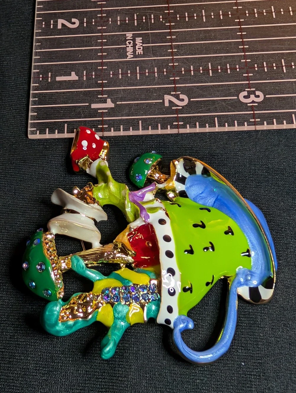 Whimsical Enamel Mushroom Teacup Brooch - Green